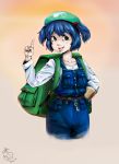  1girl backpack bag blue_eyes blue_hair hat hold111 kawashiro_nitori overalls pointing solo touhou 