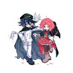  1boy 1girl animal_on_head arm_around_neck arm_belt belt belt_buckle bird bird_on_head black_cape black_cloak black_hat black_jacket black_pantyhose black_scarf black_shoes blazer blue_gemstone blue_pupils blunt_ends bob_cut boots brown_boots brown_vest buckle buttons cape checkered_clothes checkered_scarf chinese_commentary cloak collared_cloak commentary_request confetti danganronpa_(series) danganronpa_v3:_killing_harmony double-breasted dove dress_pants dress_shoes full_body gee_lasi gem gem_hair_ornament glowing glowing_eye grey_cloak grin hair_between_eyes hand_on_own_hip hat hat_belt hat_loss heterochromia high_collar highres holding holding_unworn_clothes holding_unworn_scarf jacket light_blush long_hair_between_eyes long_sleeves miniskirt mismatched_pupils multicolored_buttons multicolored_shoes nail_polish neck_ribbon oma_kokichi on_head open_belt open_clothes open_jacket open_mouth pants pantyhose peaked_cap petticoat pleated_skirt pointy_boots purple_hair purple_nails purple_shoes red_belt red_cape red_eyes red_hair red_nails red_ribbon red_skirt ribbon scarf shoes short_hair simple_background skirt sleeve_cuffs smile sparkle sparkling_eyes standing sweater_vest thigh_belt thigh_strap torn_clothes two-sided_cape two-sided_cloak two-sided_fabric two-tone_scarf two-tone_shoes unworn_scarf v-neck vest violet_eyes walking white_background white_belt white_jacket white_pants white_scarf witch_hat yellow_eyes yumeno_himiko 