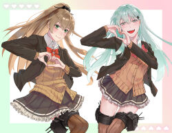  2girls aqua_hair blush bow bowtie brown_cardigan brown_hair brown_sweater_vest brown_thighhighs cardigan frilled_skirt frills green_eyes hair_ornament hairclip heart heart_hands highres kantai_collection kumano_(kancolle) kumano_kai_ni_(kancolle) long_hair long_sleeves miniskirt multiple_girls open_mouth ponytail red_bow red_bowtie ribbed_thighhighs skirt smile suzuya_(kancolle) suzuya_kai_ni_(kancolle) sweater_vest syktroll thigh-highs zettai_ryouiki 