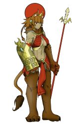  1girl 2015 abs absurdres ancient_egyptian ancient_egyptian_clothes animal_ear_fluff animal_ears animal_hands animal_legs anonymous_drawfag_(artist) armor bikini_armor bobanon braid breasts brown_fur buckler colorized commentary dark-skinned_female dark_skin egyptian_mythology english_commentary full_body gradient_background greyscale halterneck highres less lion_ears lion_girl lion_tail midriff monochrome monster_girl monster_girl_encyclopedia navel original red_eyes sejit_(vagabonds) sekhmet(less/bob) sekhmet_(mythology) shield sideboob sidelocks simple_background solo staff standing tail under_boob vagabonds 