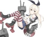  1girl anchor ass bare_shoulders black_panties blonde_hair blush brown_eyes elbow_gloves gloves hair_ornament hairband innertube kantai_collection long_hair looking_at_viewer navel nnyu open_mouth panties personification rensouhou-chan shimakaze_(kantai_collection) skirt solo striped striped_legwear thighhighs underwear white_gloves 
