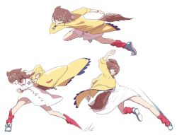  1girl animal_collar animal_ears bone_hair_ornament braid brown_hair collar dog_ears dog_girl dog_tail dress fighting_stance from_side hair_ornament hashtag-only_commentary highres hololive inugami_korone inugami_korone_(1st_costume) jacket kicking motion_lines multiple_views north_work open_mouth red_eyes red_socks running simple_background socks tail white_background white_dress yellow_jacket 