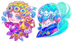  2boys 6+others aerosmith_(stand) aircraft airplane ass blonde_hair blue_hair blue_overalls braid chibi chibi_only cleavage_cutout clothing_cutout colored_skin colorful compound_eyes doodle_inset earrings giorno_giovanna gold_experience green_eyes grey_hair grin hair_between_eyes hair_ornament heart_ornament highres hood hood_down hooded_overalls jacket jewelry jodio_joestar jojo_no_kimyou_na_bouken ladybug_ornament long_bangs long_sleeves male_focus moody_blues_(stand) multicolored_hair multiple_boys multiple_others november_rain_(stand) overalls parted_bangs pink_jacket purple_haze_(stand) sex_pistols_(stand) smile stand_(jojo) star_(symbol) star_hair_ornament teeth the_jojolands two-tone_hair uu0000322 vento_aureo victory_rolls violet_eyes wing_ornament yellow_skin 