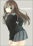  1girl brown_hair cardigan character_name from_behind green_eyes i_m_a idolmaster idolmaster_cinderella_girls long_hair looking_back necktie school_uniform shibuya_rin skirt solo 