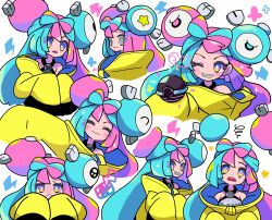  1girl @_@ blue_hair bow-shaped_hair character_hair_ornament closed_eyes fake_hair_bun hair_ornament halter_shirt halterneck highres iono_(pokemon) jacket long_hair long_sleeves looking_at_viewer multicolored_hair one_eye_closed pink_hair pokemon pokemon_sv sharp_teeth simple_background sleeves_past_fingers sleeves_past_wrists solo split-color_hair teeth two-tone_hair upper_body violet_eyes white_background yellow_jacket yoshishi_(yosisitoho) 