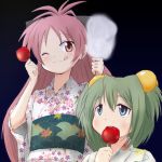  2girls blue_eyes candy_apple chitose_yuma cotton_candy green_hair hair_ornament japanese_clothes kimono long_hair mahou_shoujo_madoka_magica mahou_shoujo_oriko_magica mizushima_(p201112) multiple_girls red_eyes redhead sakura_kyouko short_twintails twintails yukata 