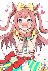  1girl agnes_digital_(super_express!_full_color_special)_(umamusume) agnes_digital_(umamusume) animal_ears bead_bracelet beads belt belt_buckle blue_eyes blush bow bracelet buckle clenched_hands cowboy_shot ear_ornament green_skirt hair_bow hands_up heart heart-shaped_pupils horse_ears horse_girl jewelry long_hair looking_at_viewer mauve midriff multicolored_skirt navel open_mouth pink_hair red_belt red_bow shirt simple_background single_wrist_cuff skirt sleeveless sleeveless_shirt solo star_(symbol) symbol-shaped_pupils two_side_up umamusume white_background white_shirt white_skirt wrist_cuffs yellow_bow yellow_skirt 