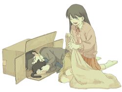 1boy 1girl :d ^_^ animal ankle_socks black_cat black_hair black_sweater blanket box brother_and_sister brown_cardigan brown_shorts cardboard_box cardigan cat closed_eyes collared_shirt double-parted_bangs film_grain full_body grey_cardigan hair_behind_ear hair_between_eyes holding holding_blanket kneeling layered_sleeves long_hair long_sleeves lying mari_(faraway)_(omori) mari_(omori) medium_skirt mewo neck_ribbon no_shoes omori on_side open_cardigan open_clothes open_mouth pink_sweater pleated_skirt puffy_long_sleeves puffy_sleeves red_ribbon red_skirt ribbon sawaki_(2d1ty) shirt short_hair shorts siblings simple_background skirt smile socks straight_hair sunny_(omori) sweater tongue u_u very_short_hair white_background white_shirt white_socks 