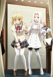  2girls ahoge artist_request bikini blonde_hair blush boots bow clothes_hanger coat cosplay dressing_room fate/zero fate_(series) female fur_trim green_eyes highres holding_clothes irisviel_von_einzbern kaname_madoka_(cosplay) mahou_shoujo_madoka_magica mirror multiple_girls official_art open_mouth plaid plaid_skirt ponytail red_eyes saber school_uniform skirt smile swimsuit thigh_boots thighhighs white_bikini white_hair white_legwear white_swimsuit 