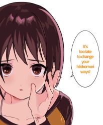  1girl black_shirt bob_cut bra_strap brown_eyes brown_hair close-up collarbone commentary english_text hand_on_own_face hashtag-only_commentary leaning_forward light_blush long_sleeves looking_at_viewer nakahara_misaki nhk_ni_youkoso! raglan_sleeves raised_eyebrows shirt short_hair simple_background solo speech_bubble straight-on two-tone_shirt upturned_eyes whispering white_background worried yellow_shirt yoshiyoshi_(akwkkawa) 