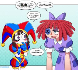  2girls asymmetrical_eyes asymmetrical_gloves blue_eyes blue_gloves blunt_bangs blush_stickers bow brown_hair button_eyes buttons collared_dress colored_skin dress exhausted gloves hair_bow hat hat_bell highres hunched_over insomnia jester jester_cap jester_costume mismatched_eyes mismatched_gloves multicolored_eyes multicolored_hat multiple_girls nico-neko nightmare patchwork_clothes patchwork_skin pomni_(the_amazing_digital_circus) puffy_short_sleeves puffy_sleeves purple_bow purple_dress ragatha_(the_amazing_digital_circus) ragdoll red_eyes red_gloves red_hair short_hair short_sleeves sleepy striped_clothes striped_headwear the_amazing_digital_circus triangle_nose two-tone_eyes vertical-striped_bodysuit vertical-striped_clothes vertical-striped_headwear white_skin worried 