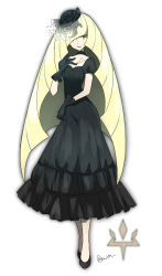  1girl alternate_costume black_dress black_gloves black_hat black_shoes blonde_hair dress echizenyakibi full_body gloves green_eyes hat highres kuroi_paseri long_hair lusamine_(pokemon) pokemon pokemon_sm shoes simple_background solo third-party_source very_long_hair white_background 
