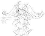  1girl bow hair_bow highres lineart long_hair midriff monochrome open_mouth original outstretched_arms skirt smile solo syno twintails very_long_hair 