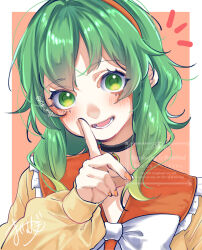  1girl absurdres blush border bow commentary eyelashes finger_to_mouth green_eyes green_hair gumi hair_between_eyes hairband hand_up highres index_finger_raised long_sleeves looking_at_viewer mai_mugi nail_polish open_mouth pendant_choker pink_background portrait short_hair short_hair_with_long_locks shushing smile solo twitter_username vocaloid watermark white_border white_bow 