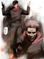  evil_grin evil_smile facial_mark full_body gakuran grin hands_up highres hood hood_down itadori_yuuji laughing ma0chi77 pink_hair possessed red_hood red_shoes ryoumen_sukuna_(jujutsu_kaisen) school_uniform shaded_face shoes short_hair signature smile sneakers teeth undercut walking 