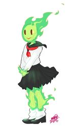  > 1girl 2017 2d avimedes black_skirt digital_media elemental_(creature) female female_only fire fire_elemental fuku_fire full_body green_fire monster monster_girl neckerchief own_hands_together red_neckerchief school_uniform serafuku simple_background skeleton skirt solo standing transparent_background undertale utdr_(toby_fox) variant_set |_| 