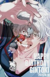  1girl 2boys biting biting_head black_hair blue_eyes blue_pants bun_cover character_charm charm_(object) chibi collarbone commentary_request dated dog dual_persona gintama grin hair_between_eyes happy_birthday highres holding holding_charm japanese_clothes kagura_(gintama) kimono long_sleeves looking_at_viewer male_focus multiple_boys orange_hair pants pectorals popped_collar red_eyes red_shirt ribbon_trim sadaharu sakata_gintoki shadow shimura_shinpachi shirt short_hair short_sleeves smile surprised usson0002 white_fur white_hair white_kimono 