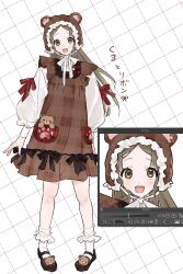  bear_hat black_ribbon brown_eyes brown_hair brown_skirt collar frilled_collar frills gakuen_idolmaster idolmaster kuramoto_china lace-trimmed_socks long_sleeves mary_janes mimiss_33 parted_bangs paw_print paw_print_pattern puffy_long_sleeves puffy_sleeves red_ribbon ribbon shoes simple_background skirt socks stuffed_animal stuffed_toy teddy_bear white_ribbon white_socks 
