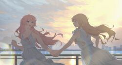  2girls absurdres bang_dream! bang_dream!_it's_mygo!!!!! blue_eyes blurry blurry_background blush brh brown_hair chihaya_anon chinese_commentary commentary_request dress earrings highres holding_hands jewelry long_hair multiple_girls nagasaki_soyo open_mouth pink_hair sidelocks sleeveless sleeveless_dress sunset teeth upper_teeth_only white_dress 