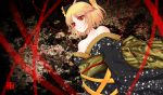 1girl alternate_costume bare_shoulders blonde_hair bow breasts cleavage dusk/dawn_(artist) floral_print hair_bow highres japanese_clothes kimono kurodani_yamame looking_at_viewer multicolored_background obi off_shoulder red_eyes red_thread short_hair smile solo touhou 