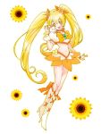  1girl blonde_hair boots bow brooch chimu_(chimoon) creature cure_sunshine flower heartcatch_precure! jewelry knee_boots long_hair magical_girl midriff myoudouin_itsuki navel potpourri_(heartcatch_precure!) precure ribbon skirt smile sunflower twintails white_background wrist_cuffs yellow_eyes 