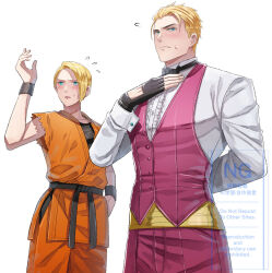  1boy 1girl aosa_(jmzg2528) belt black_belt black_bow black_bowtie black_gloves blonde_hair blue_eyes blush bow bowtie collared_shirt commentary_request cosplay costume_switch cowboy_shot cuff_links dougi dress_shirt earrings embarrassed gloves hair_slicked_back jewelry king_(snk) king_(snk)_(cosplay) long_sleeves martial_arts_belt orange_dougi pants purple_pants purple_vest ryou_sakazaki ryou_sakazaki_(cosplay) ryuuko_no_ken sash shirt short_hair simple_background sweatdrop the_king_of_fighters undershirt vest white_background white_shirt wristband yellow_sash 