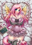  1girl aqua_eyes blush emperpep fluttershy gloves long_hair my_little_pony my_little_pony_friendship_is_magic personification pink_hair smile solo thighhighs wings 