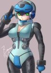  1girl beck_(mighty_no._9) breasts crotch_plate dated female genderswap green_eyes helmet mighty_no._9 robot salute signature solo zoner 