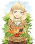  basket bell_pepper blonde_hair carrot eggplant faux_traditional_media green_eyes hand_print hands highres original smile tomato twintails vegetable yajirushi_(chanoma) 