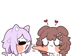  252_eyo 2girls :3 :d animal_ears blush_stickers bone_hair_ornament braid brown_hair cartoon_bone cat_ears cat_girl cat_tail chibi closed_eyes colored_skin commentary dog_ears dog_girl english_commentary fang hair_ornament heart highres hololive inugami_korone long_hair low_twin_braids maomao_evading_jinshi&#039;s_kiss_(meme) meme multiple_girls nekomata_okayu simple_background skin_fang smile tail twin_braids virtual_youtuber white_background white_skin yuri 