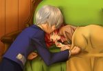  1boy 1girl closed_eyes couch couple covering_with_blanket hetero iria_animi kiss redhead ruca_milda rukanyo shirt short_hair tales_of_(series) tales_of_innocence white_hair 