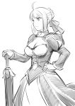  1girl adapted_costume ahoge breasts cleavage dress fate/stay_night fate_(series) hair_ribbon juliet_sleeves long_sleeves monochrome puffy_sleeves ribbon rough saber solo sword ueyama_michirou weapon 