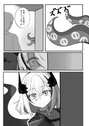  1boy 1girl absurdres akaoni_(zumt3548) around_corner azur_lane black_jacket blonde_hair brown_eyes chibi collared_shirt commander_(azur_lane) crazy_eyes cross doctor_octopus grey_shirt hair_between_eyes highres horns jacket marvel mayday_(air_crash_investigation) mechanical_horns monochrome open_clothes open_jacket plus_sign red_streaks roon_(azur_lane) shirt short_hair simple_background smile spider-man_(series) tentacles the_exit_8 translation_request white_background wide-eyed 