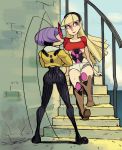  2girls alex_ahad antennae black_torch blackbody_(black_torch) blonde_hair bodysuit boots breasts cropped_jacket crossed_arms fallout_(black_torch) full_body hairband hime_cut knee_boots knee_pads long_hair multiple_girls nose pink_eyes purple_hair short_hair shorts sitting slender_waist smile socks stairs sunglasses 