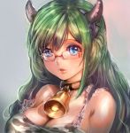  1girl bell bell_collar blue_eyes blush bow_(bhp) breasts cleavage collar cow_bell cow_girl cow_print glasses green_hair horns large_breasts lips long_hair original solo 