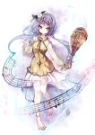  1girl anklet barefoot biwa_lute cis_(carcharias) flower hair_flower hair_ornament instrument jewelry long_hair lute_(instrument) musical_note purple_hair rough smile solo touhou tsukumo_benben twintails 