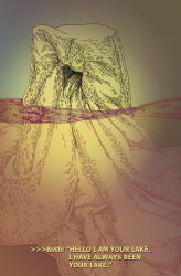  brown_sky color_contrast drop_shadow english_text fabric glowing gradient_background gradient_sky green_sky hatching_(texture) haze highres hole jessica_hayworth lake no_humans original outdoors partially_immersed partially_underwater_shot scenery sky surreal text_focus vignetting water 