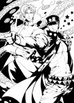  2boys dkaki gakuran hat hierophant_green jojo_no_kimyou_na_bouken kakyouin_noriaki kuujou_joutarou monochrome multiple_boys school_uniform stand_(jojo) translation_request 