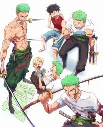  3boys absurdres blood blood_on_face character_name commentary green_hair green_kimono haramaki highres holding holding_sword holding_weapon japanese_clothes kimono male_focus monkey_d._luffy multiple_boys multiple_views red_shirt roronoa_zoro sanji_(one_piece) shirt short_hair stephengiannart stitched_torso stitches sword tears weapon weapon_in_mouth 