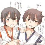  2boys akagi_(kantai_collection) black_eyes blush brown_hair genderswap kaga_(kantai_collection) kantai_collection lowres multiple_boys open_mouth rebecca_(keinelove) short_hair 