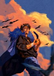  1boy arm_tattoo bandaid bandaid_on_face bird black_cape black_hair black_shirt blue_boa blurry blurry_foreground brown_eyes cape chest_tattoo clouds cloudy_sky cowboy_shot denim earrings eyewear_on_head facial_hair feathers goatee hand_tattoo highres holding holding_feather jeans jewelry male_focus multiple_earrings one_piece pants parted_lips shirt short_hair sideburns sky soaked-doors sunset tattoo trafalgar_law 