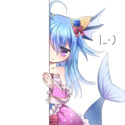  1girl ahoge bare_shoulders blue_hair detached_sleeves emil_chronicle_online fins frilled_skirt frilled_sleeves frilled_tube_top frills guillosno6 hair_ornament hair_ribbon head_fins hiding long_hair lorelei_lore mermaid monster_girl peeking_out pink_skirt pink_tube_top red_ribbon ribbon skirt solo strapless tube_top violet_eyes white_background 