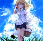  1girl bare_legs basket blonde_hair blue_eyes bracelet clouds grass jewelry looking_at_viewer original short_sleeves shorts sky solo tan_(tangent) 