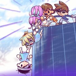  1girl 4boys antenna_hair aubrey_(faraway)_(omori) aubrey_(omori) bandaged_head bandages bandaid bandaid_on_cheek bandaid_on_face bandaid_on_nose barefoot basil_(faraway)_(omori) basil_(omori) black_eyes black_hair black_shoes blonde_hair blue_eyes blue_hairband blue_sky blue_sweater brothers brown_hair bruise bruised_eye chibi chibi_only clouds cloudy_sky dark-skinned_male dark_skin day double-parted_bangs eyepatch grabbing_another&#039;s_arm grey_pants hair_between_eyes hairband hero_(faraway)_(omori) hero_(omori) highres hospital_gown human_chain injury kel_(faraway)_(omori) kel_(omori) laser-lance long_hair long_sleeves medical_eyepatch multiple_boys omori open_mouth orange_shoes orange_shorts outdoors pants pink_hair railing shoes short_hair shorts siblings sidelocks sky sneakers spoilers sunny_(omori) sweatdrop sweater teeth upper_teeth_only upside-down 