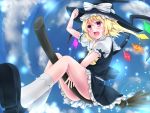  1girl blonde_hair broom broom_riding cosplay flandre_scarlet hat hat_ribbon holding holding_hat kirisame_marisa_(cosplay) mixarumixa red_eyes ribbon side_ponytail solo touhou wings witch_hat 