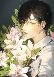  1boy black_eyes black_hair bouquet bud collared_shirt crying crying_with_eyes_open flower highres holding holding_flower kim_dokja light_particles lily_(flower) looking_at_viewer male_focus omniscient_reader&#039;s_viewpoint parted_lips roventus shirt short_hair solo tears upper_body white_shirt 