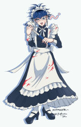  1boy :d alternate_costume apron black_dress black_hair black_shoes blood blood_on_clothes blood_on_face blue_hair commentary crossdressing crossdressing_(mtf) dated dress earrings enmaided eye_print eyepatch face_piercing frills grey_eyes high_heels highres holding holding_sword holding_weapon jewelry labret_piercing long_sleeves looking_at_viewer maid maid_apron maid_headdress male_focus male_maid multicolored_hair neck_ribbon omokage_yugamu piercing print_eyepatch ribbon sheath shoes short_hair short_sword signature simple_background sleeve_cuffs smile solo squinting sword tantou the_hundred_line_-last_defense_academy- unsheathing uzu_(uzusio55) weapon white_apron white_background white_ribbon 