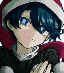  1girl :3 aonorikani3ba black_capelet blue_eyes blue_hair capelet closed_mouth commentary doremy_sweet hair_between_eyes hand_on_own_shoulder hat highres looking_at_viewer pom_pom_(clothes) portrait smile solo touhou white_background 