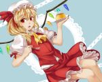  1girl blonde_hair dress_shirt flandre_scarlet food hat open_mouth pudding red_eyes ribbon shirt skirt solo touhou vest wings 
