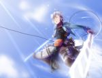  1boy ahoge blue_sky clouds dual_wielding glasses glint japanese_clothes long_sleeves morichika_rinnosuke parted_lips rpg-exen semi-rimless_glasses shingeki_no_kyojin short_hair silver_hair sky solo sunbeam sunlight three-dimensional_maneuver_gear touhou under-rim_glasses yellow_eyes 